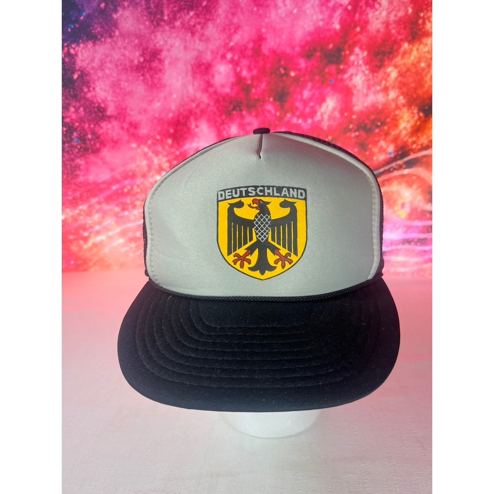 Vintage Deutschland Germany Eagle Crest Trucker Hat Nissin Cap Black White Mesh